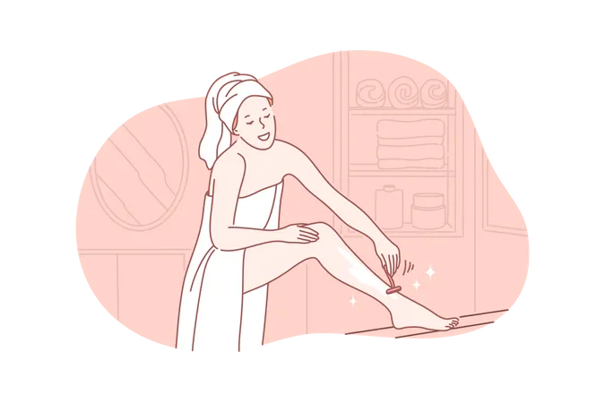 Mujer realizando procedimiento de depilación en la pierna  Ilustración