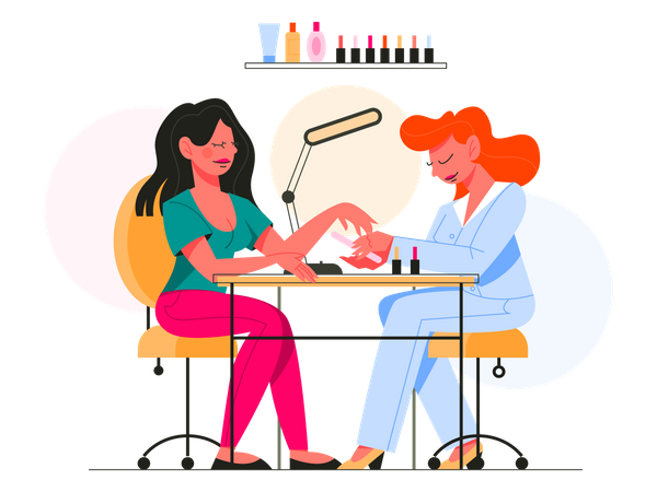 Mujer recibiendo procedimiento de manicura profesional  Ilustración