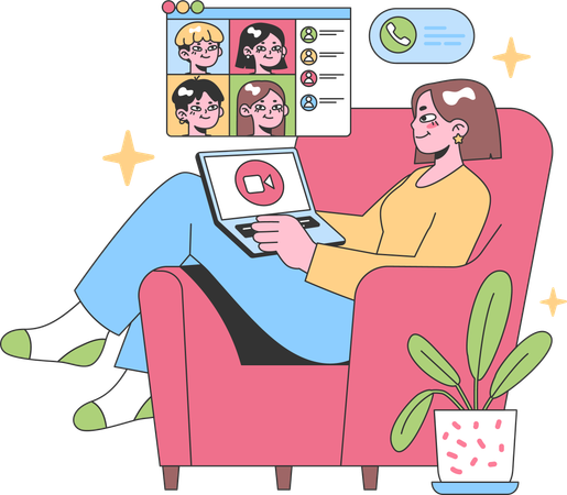 Mujer haciendo una reunión en línea con el equipo  Ilustración