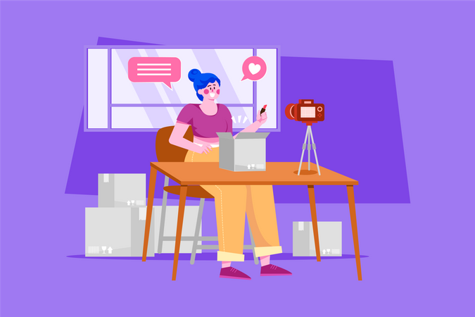 Mujer haciendo revisión cosmética en transmisión en vivo  Ilustración