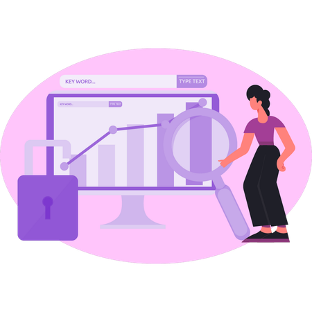 Mujer haciendo seguridad en optimización de búsqueda  Illustration