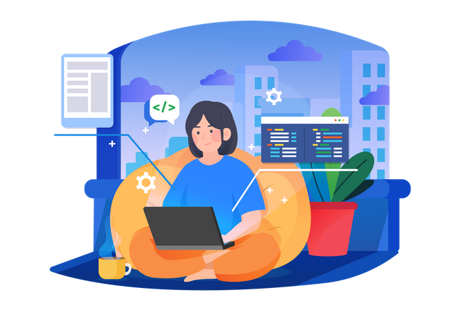 Mujer haciendo su propia investigación o programación en una computadora portátil  Ilustración