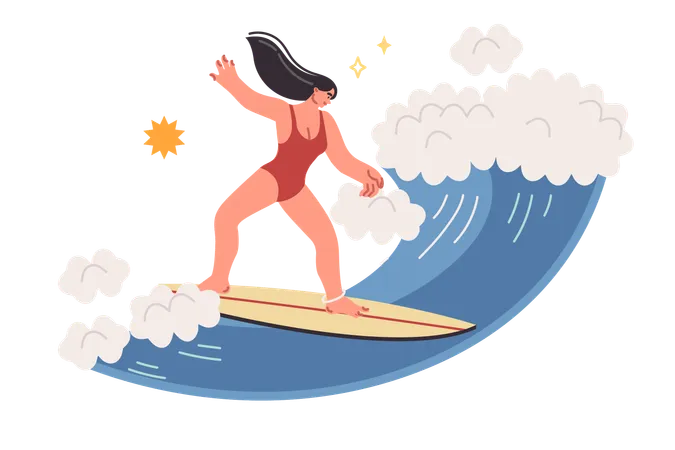 Mujer haciendo surf sobre las olas del mar y disfrutando de deportes extremos durante las vacaciones de verano en la isla  Ilustración