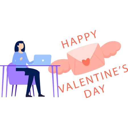 Mujer haciendo una tarjeta de San Valentín en una computadora portátil  Ilustración