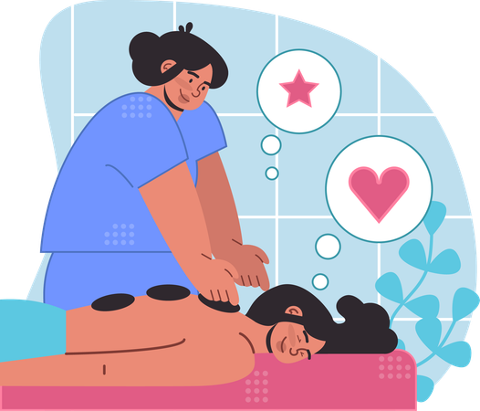 Mujer haciendo terapia de masaje con piedras a mujer  Ilustración