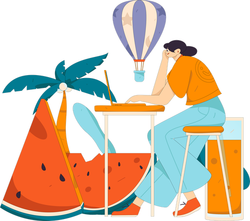 Mujer haciendo trabajo remoto en vacaciones  Ilustración