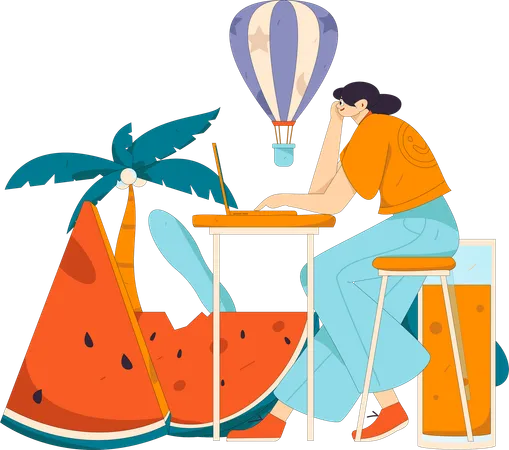 Mujer haciendo trabajo remoto en vacaciones  Ilustración