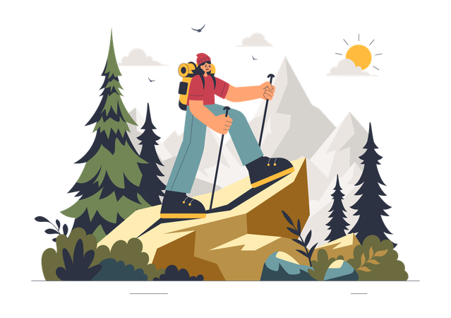 Mujer haciendo trekking  Ilustración