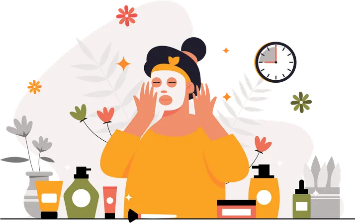 Mujer realizando un tratamiento facial con una mascarilla de belleza  Ilustración