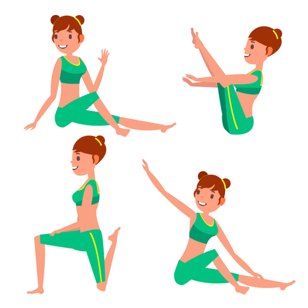 Mujer haciendo yoga con diferentes posturas  Ilustración