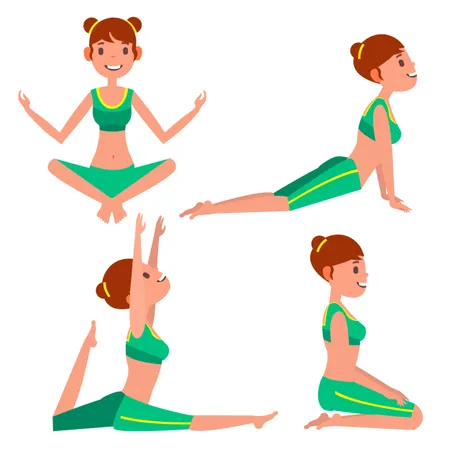 Mujer haciendo yoga con diferentes posturas  Ilustración