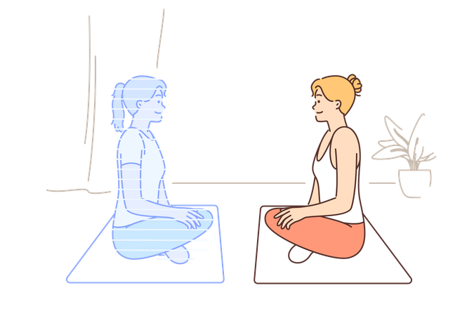 Mujer haciendo yoga con entrenador virtual holograma  Ilustración