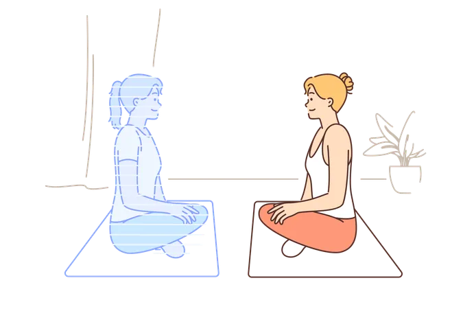 Mujer haciendo yoga con entrenador virtual holograma  Ilustración