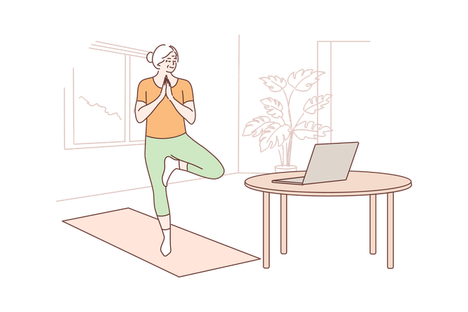 Mujer haciendo yoga a partir de vídeos online.  Ilustración