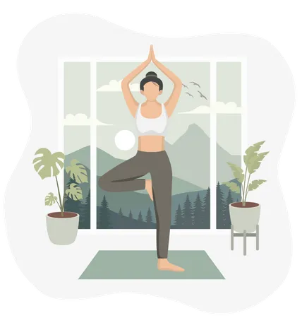 Mujer haciendo yoga en casa  Ilustración