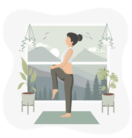 Mujer haciendo yoga en casa  Ilustración