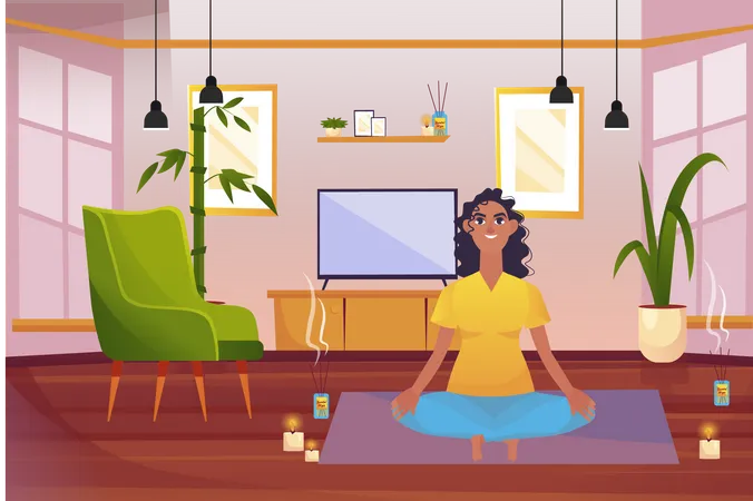 Mujer haciendo yoga en casa  Ilustración