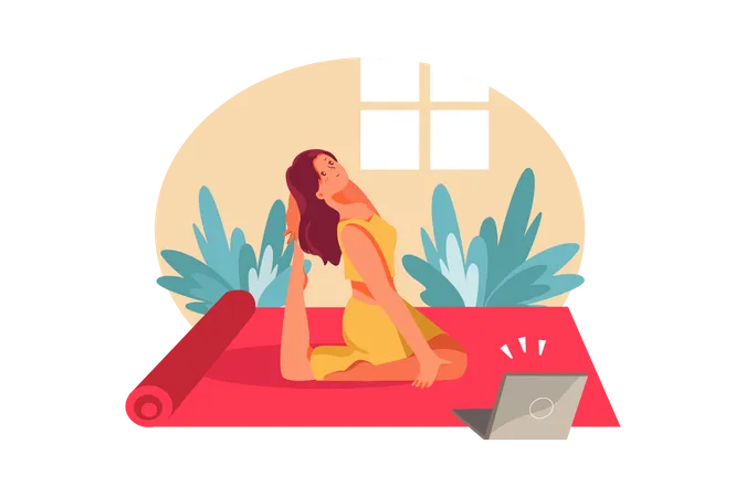 Mujer haciendo yoga en casa aprendiendo desde una computadora portátil  Ilustración