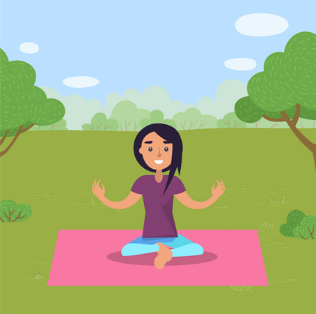 Mujer haciendo yoga en el parque sobre una alfombra  Ilustración