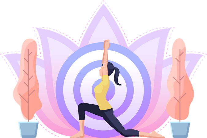 Mujer haciendo yoga en pose de guerrero uno  Ilustración