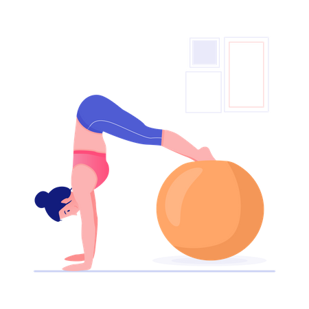 Mujer haciendo yoga usando una gran pelota de goma  Ilustración