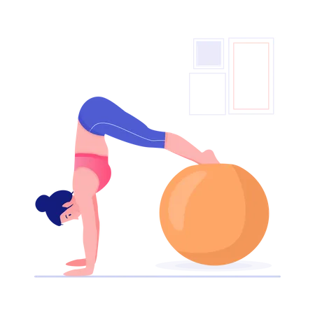 Mujer haciendo yoga usando una gran pelota de goma  Ilustración