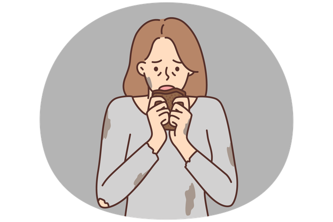 Una mujer hambrienta con una camiseta sucia y rota se lleva un trozo de pan a la boca tras una larga ausencia de comida. Imagen vectorial.  Ilustración