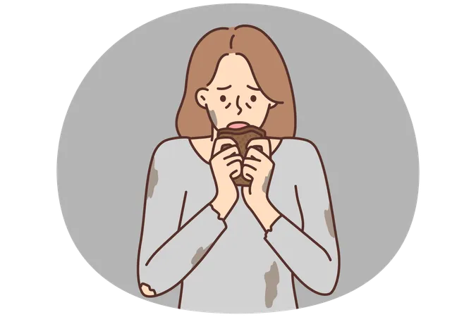 Una mujer hambrienta con una camiseta sucia y rota se lleva un trozo de pan a la boca tras una larga ausencia de comida. Imagen vectorial.  Ilustración