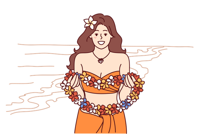 Mujer hawaiana sostiene guirnalda de flores  Ilustración