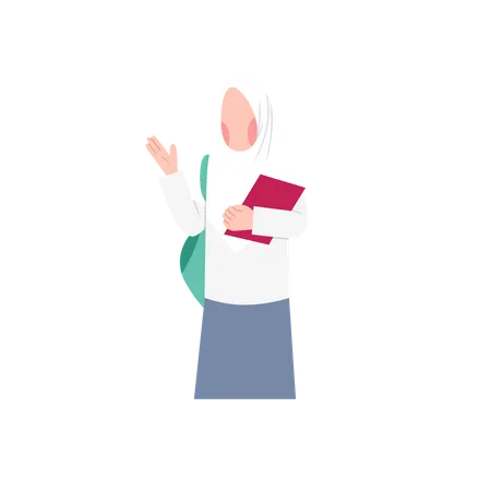 Estudiante de hijab femenino con bolsa y libro  Ilustración