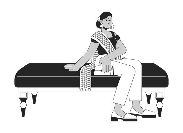 Mujer hindú descansando en los asientos del museo  Ilustración