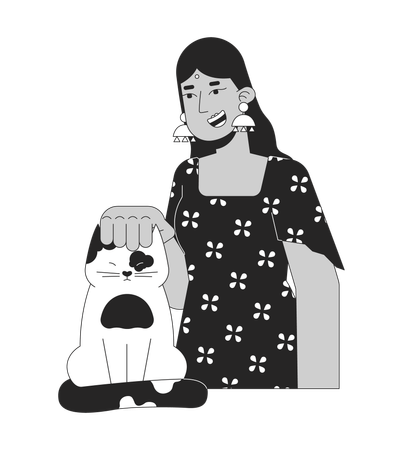 Mujer hindú sonriente acariciando gato  Ilustración