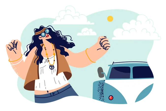 Mujer hippie baila parada cerca de una minivan y celebra las vacaciones de verano  Ilustración