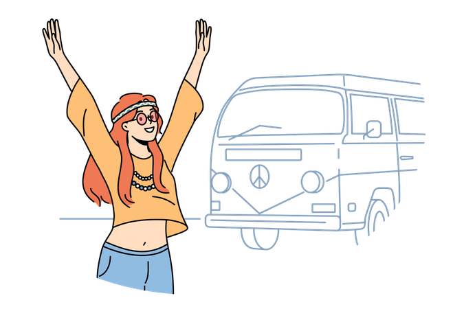 La mujer hippie está esperando el autobús escolar  Ilustración