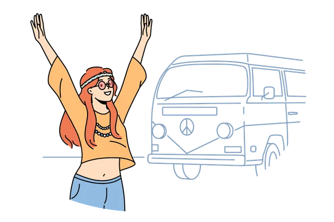 La mujer hippie está esperando el autobús escolar  Ilustración