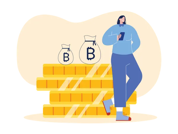 Mujer sosteniendo bitcoin  Ilustración