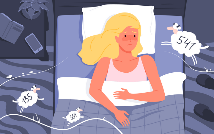 Mujer incapaz de dormir debido a pensamientos interminables  Ilustración