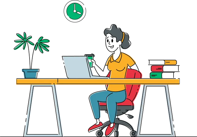Mujer independiente trabajando en una computadora portátil con café sentado en el escritorio  Ilustración