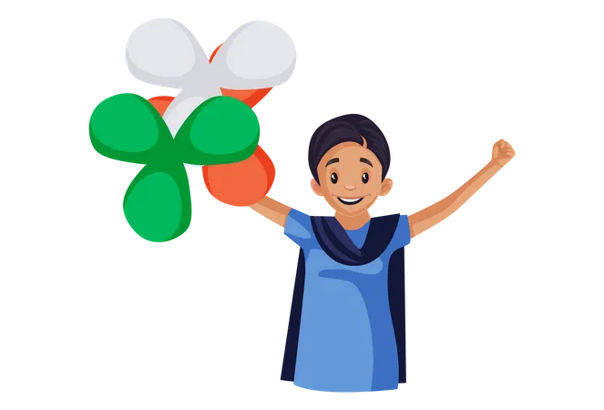 Mujer india feliz sosteniendo globos en las manos  Ilustración