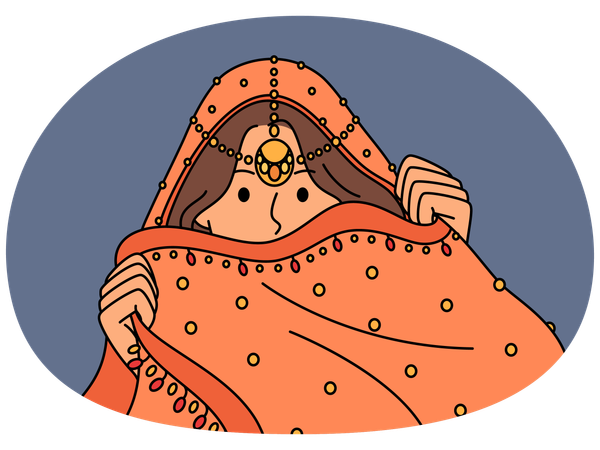 Una mujer india esconde su rostro tras un vestido nacional durante un ritual cultural tradicional.  Ilustración