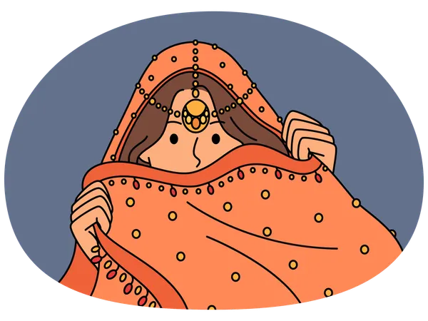 Una mujer india esconde su rostro tras un vestido nacional durante un ritual cultural tradicional.  Ilustración