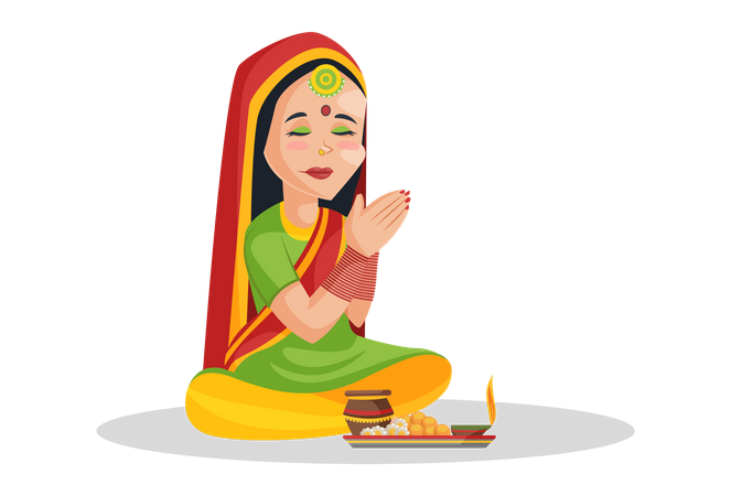 Mujer india rezando a dios  Ilustración