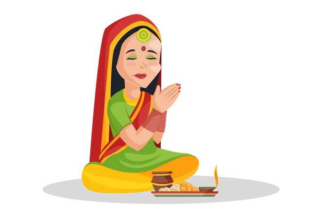 Mujer india rezando a dios  Ilustración
