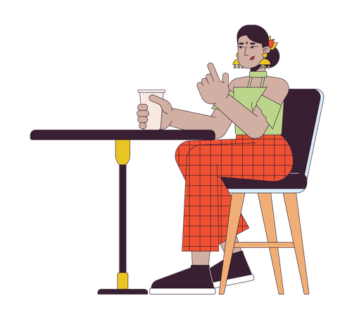 Mujer india sentada en la mesa de un café  Ilustración