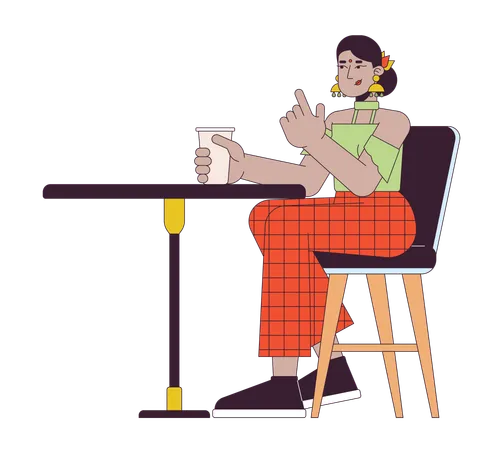 Mujer india sentada en la mesa de un café  Ilustración