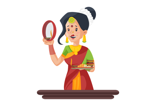 Mujer india sosteniendo un colador y un plato de adoración en su mano  Ilustración