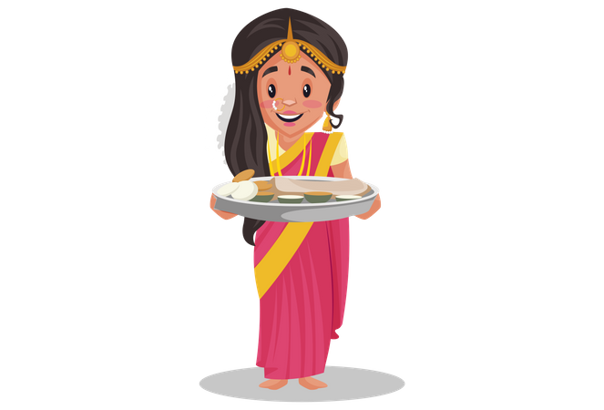 Mujer tamil india sosteniendo un plato de comida en su mano  Ilustración