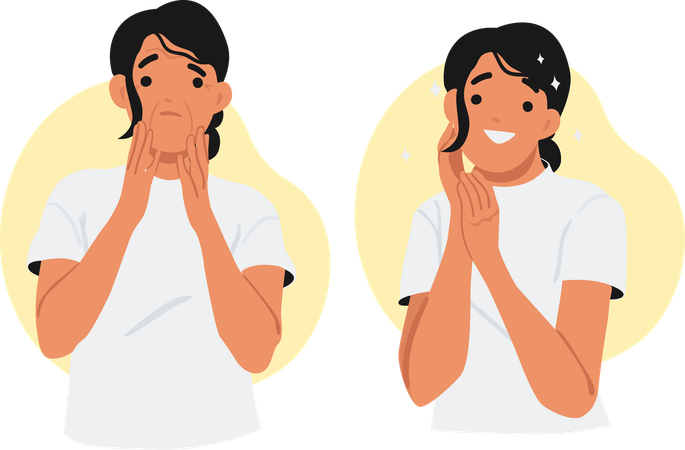 Mujer infeliz antes y después del procedimiento de rejuvenecimiento antienvejecimiento para la piel del rostro.  Ilustración