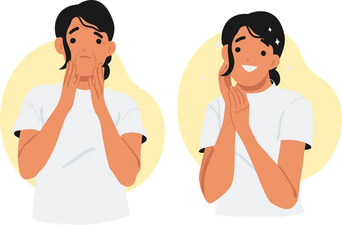 Mujer infeliz antes y después del procedimiento de rejuvenecimiento antienvejecimiento para la piel del rostro.  Ilustración
