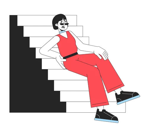 Mujer infeliz cae de las escaleras  Ilustración